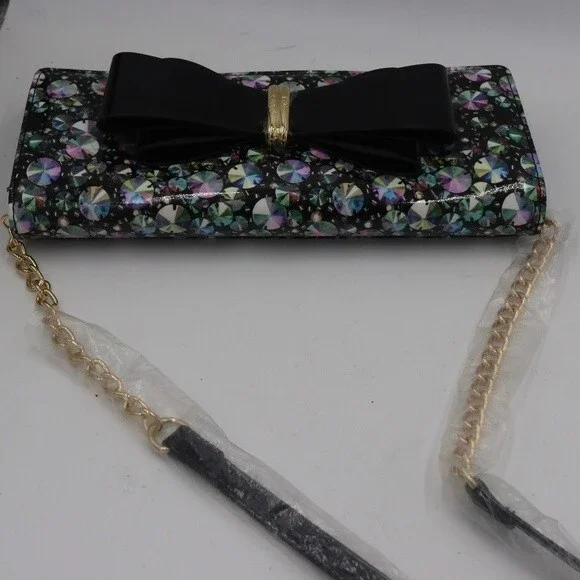 Betsey Johnson Rhinestone Print Mini Crossbody Envelope Bag Gold Chain Strap - Picture 2 of 8